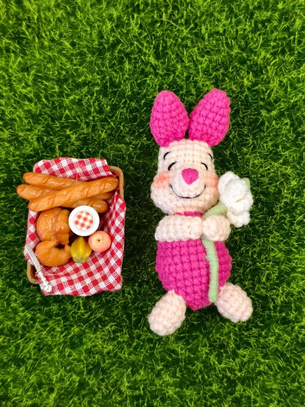 Handmade Amigurumi Crochet Piglet Holding Flowers Plushie